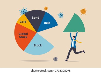 Asset Allocation investment or risk management in COVID-19 Coronavirus crash causing economic recession concept, businessman investor or wealth manager holding big piece of asset allocation pie chart.