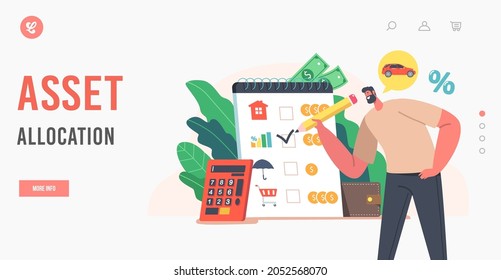 Asset Allocation Landing Page Template. Man Collect Money, Planning and Saving Budget , Income Counting Concept. Happy Male Character Fill Form with Purchases List, Wealth. Cartoon Vector Illustration