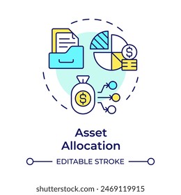Icono de concepto multicolor de asignación de activos. Plan de inversión, estrategia financiera. Ilustración de línea de forma redonda. Abstractas idea. Diseño gráfico. Fácil de usar en infografía, presentación