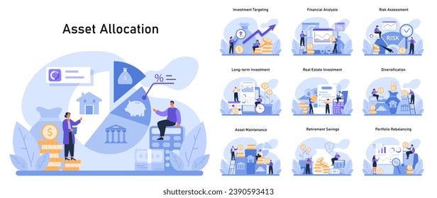 Asset Allocation set. Strategic investment planning and wealth growth. Efficient resource distribution, market analysis, and financial safety. Flat vector illustration