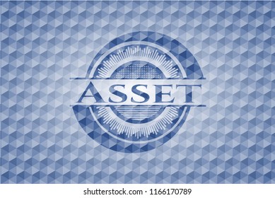 Asset blue badge with geometric pattern background.