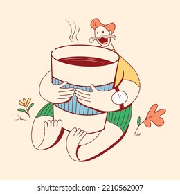 taza de café de carácter activo con hombre