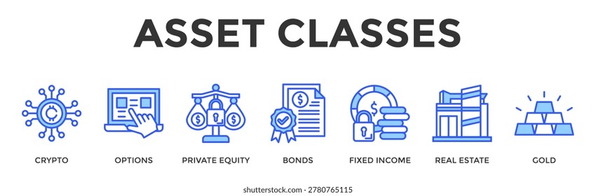 Asset Classes Banner Web Icon Set Collection Pack Vector Illustration Concept Containing Crypto, Options, Private Equity, Bonds, Fixed Income, Real Estate, Gold
