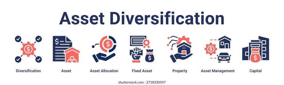 Banner da diversificação de ativos ícone da web vetor conceito de ilustração para negócios com ícone de diversificação, Alocação de ativos, Ativo fixo, Propriedade, Gerenciamento de ativos.