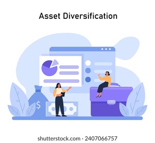 Concepto de diversificación de activos. Mostrar la propagación estratégica de las inversiones para mitigar los riesgos y estabilizar los rendimientos. Ilustración vectorial plana