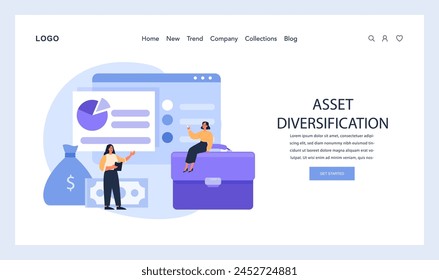 Asset Diversification web or landing. Displaying the strategic spread of investments to mitigate risks and stabilize returns. Flat vector illustration