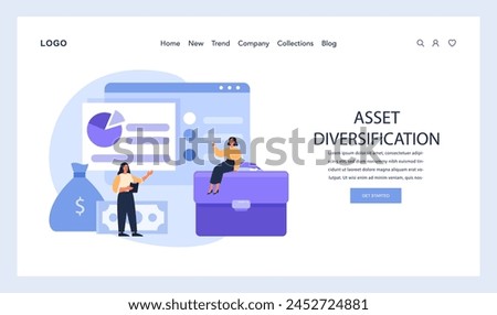 Asset Diversification web or landing. Displaying the strategic spread of investments to mitigate risks and stabilize returns. Flat vector illustration