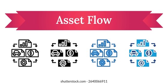 Asset Flow Multi Style Icon - Documents, gear, money, and car connected by arrows symbolizing efficient asset and data flow