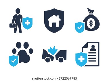 Conjunto de iconos de protección de activos y pasivos. Iconos de la serie de glifos sólidos