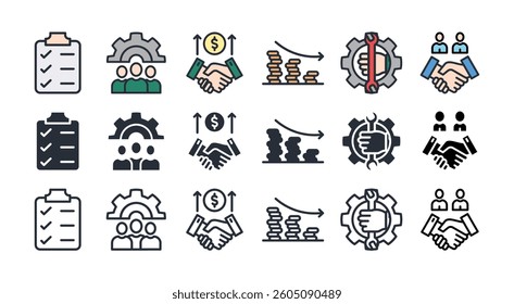 ASSET LIFE CYCLE icon set with multiple style planning, acquisition, operation, maintenance, and decommission
