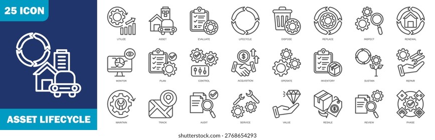 Asset Lifecycle Icon Set Collection In Line Style. Icon Set Consist Of Asset, Lifecycle, Track, Value, Phase, Service, Plan, Control, Maintain, Operate And More.