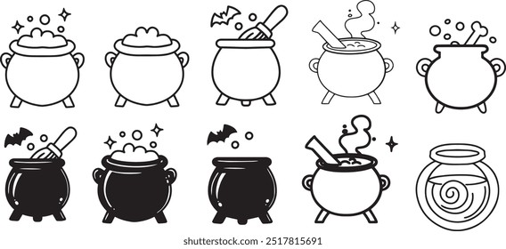 Asset line art witch cauldron 2d flat illustration freehand drawing style object game graphics resource icon round pot props Halloween clip art cauldron with potion bat broom black and white graphic