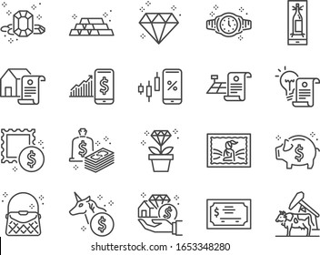 Asset line icon set. Included icons as gold, land, diamond, cash, money, valuables, investment and more.