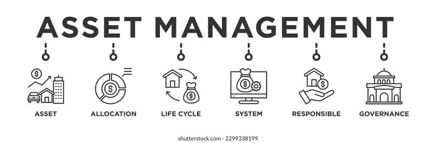 Asset management banner web icon vector illustration concept with icon of asset, asset allocation, life cycle, system, responsible and governance