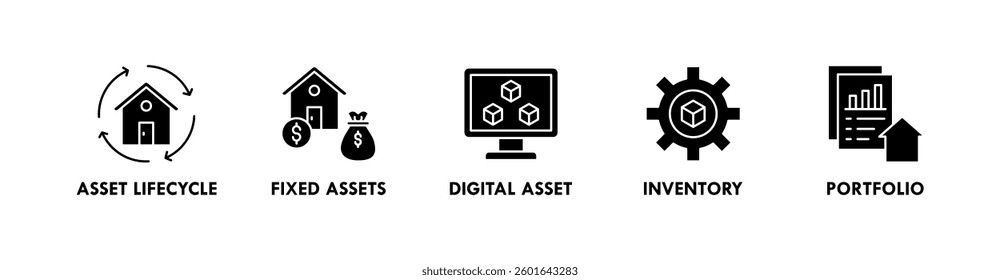 Asset Management banner web icon illustration concept with icon of asset lifecycle, fixed assets, digital asset, inventory, and portfolio