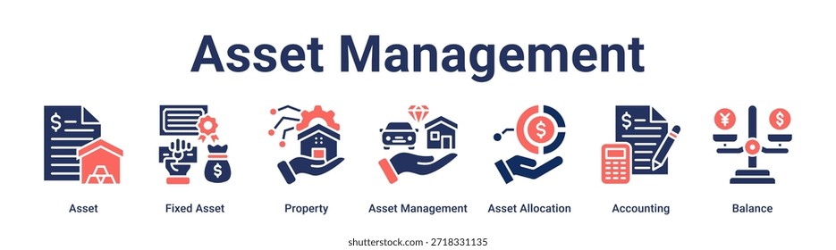 Asset Management-Banner-Web-Symbol, Vektorgrafik-Konzept für Unternehmen mit Symbol für Asset, Property, Asset Management, Asset Allocation, Accounting.