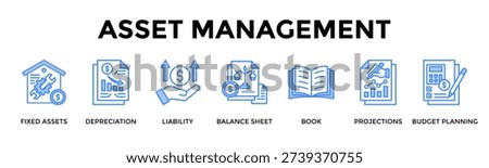 Asset Management Banner Web Icon Set Collection Pack Vector Illustration Concept For Fixed Assets, Depreciation, Liability, Balance Sheet, Book, Projections, Budget Planning