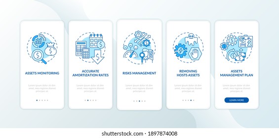 La administración de activos se beneficia de la pantalla de la aplicación móvil con conceptos. Control de riesgos, tasas de amortización a través de 5 pasos de instrucciones gráficas. plantilla de vector de interfaz de usuario con ilustraciones de color RGB