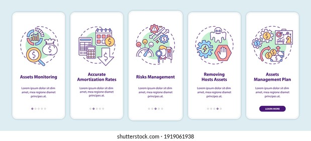 Asset management benefits onboarding mobile app page screen with concepts. Monitoring, amortization rates walkthrough 5 steps graphic instructions. UI vector template with RGB color illustrations