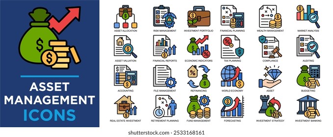 asset management, business, management, finance, investment, financial icon set. Outline icons collection. Simple vector illustration	