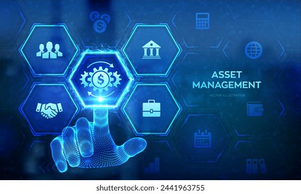 Asset management. Business investment banking payment technology concept on virutal screen. Wireframe hand touching digital interface. Vector illustration.