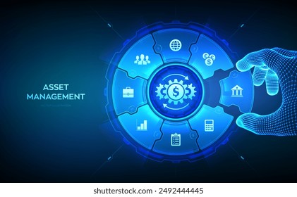 Bestandsverwaltung. Business Investment Banking Payment Technologie Konzept auf virtuellem Bildschirm. Drahtmodell-Hand platziert ein Element in eine Komposition, die das Asset Management visualisiert. Vektorillustration.