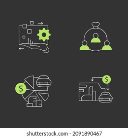 Asset management chalk icons set. Financial resources. Digital management, human capital, total asset count, value.Business concept. Isolated vector illustrations on chalkboard