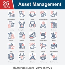 O Gerenciamento de ativos é uma coleção de ícones que ilustram os processos e sistemas envolvidos no gerenciamento de vários tipos de ativos, incluindo ativos financeiros e tangíveis.