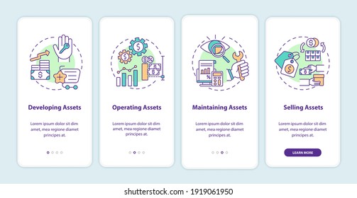 Asset management components onboarding mobile app page screen with concepts. Developing, maintaining walkthrough 4 steps graphic instructions. UI vector template with RGB color illustrations