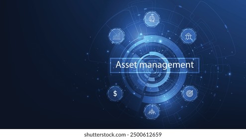 Asset Management-Konzept. Business Investment Asset Management Technologie auf dunkelblauem Hintergrund.