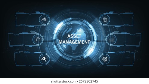 Asset management concept. Business investment asset management technology concept on dark blue background.	