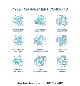 Conjunto de iconos de concepto de administración de activos. Inversiones administrando ilustraciones de color RGB de línea delgada de idea. Gestión digital y física. Recuento total de activos. Dibujos de contorno aislados por vectores. Trazo editable