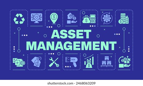 Asset management dark blue word concept. Financial planning. Business investment. Real estate. Visual communication. Vector art with lettering text, editable glyph icons