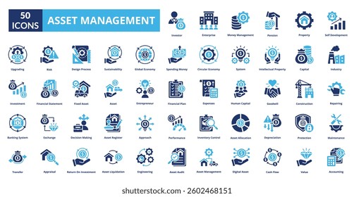 Asset management fill icon collection set. Includes icon audit, management, asset, digital, property, register, investment, portfolio, finance, optimization, maintenance, lifecycle, risk, tracking