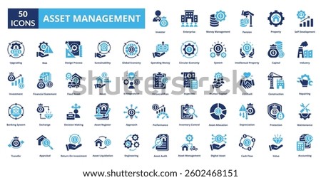 Asset management fill icon collection set. Includes icon audit, management, asset, digital, property, register, investment, portfolio, finance, optimization, maintenance, lifecycle, risk, tracking