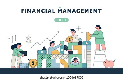 Asset management of financial managers. Outline style characters are building blocks. flat design style minimal vector illustration