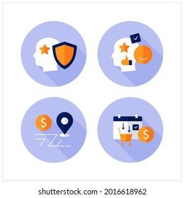 Asset management flat icons set. Financial resources. Intellectual property,accounting goodwill, assets expected life cycle,purchase date.Business concept. Vector illustration