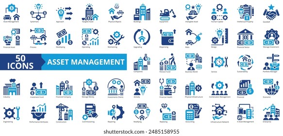 Asset management icon collection set. Containing systematic, approach, human capital, physical objects, buildings, equipment, intangible icon. Simple flat vector.