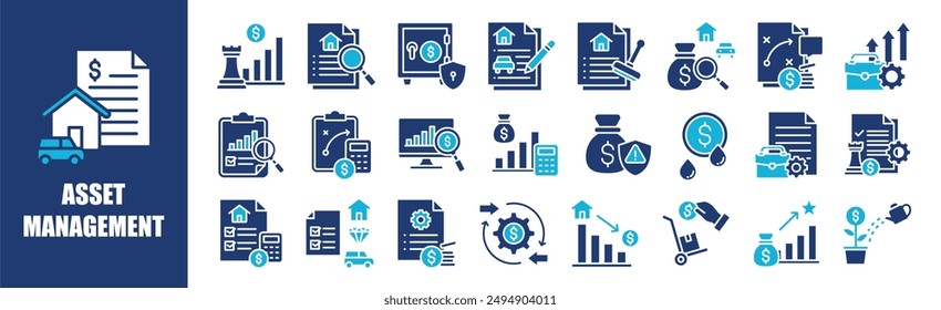 Conjunto de colecciones de iconos de administración de activos. Contiene diseño, negocios, finanzas, inversión, administración, finanzas y más. Iconos de vector sólido colección
