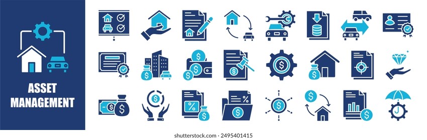Asset Management icon collection set. Containing design, business, finance, investment, management, financial,,and more. Solid vector icons collection