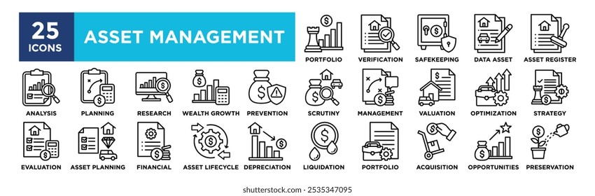 Conjunto de coleta de ícone do Gerenciamento de Ativos. Contendo o financiamento de projetos, negócios, gerenciamento, dinheiro, investimento, ativo