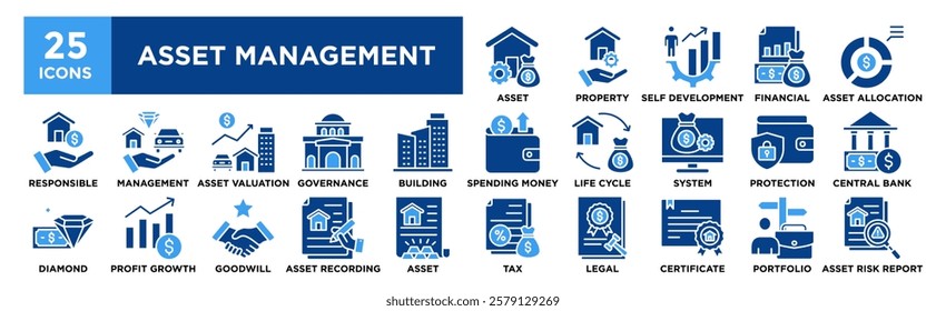 Asset Management icon collection set. Containing design Asset Management, Property Management, Self Development, Financial, Asset Allocation