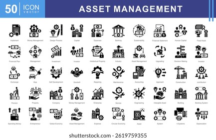 Asset Management icon collection set. Containing systematic, approach, human capital, physical objects, buildings, equipment, intangible icon.