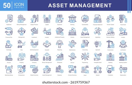 Asset Management icon collection set. Containing systematic, approach, human capital, physical objects, buildings, equipment, intangible icon.