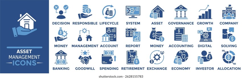 Conjunto de colecciones de iconos de Asset Management. Contiene decisiones, responsabilidad, ciclo de vida, sistema, activo, gobernanza, crecimiento y más. Iconos de vector sólido colección