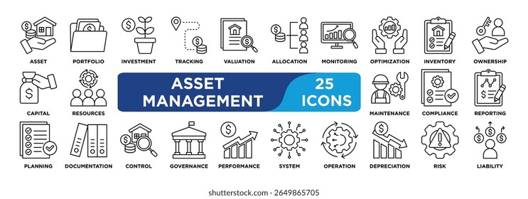 Conjunto de coleta de ícone do Gerenciamento de Ativos. ícone Ativo, portfólio, investimento, rastreamento, avaliação, alocação, monitoramento, otimização, estoque, propriedade. Vetor de linha simples.