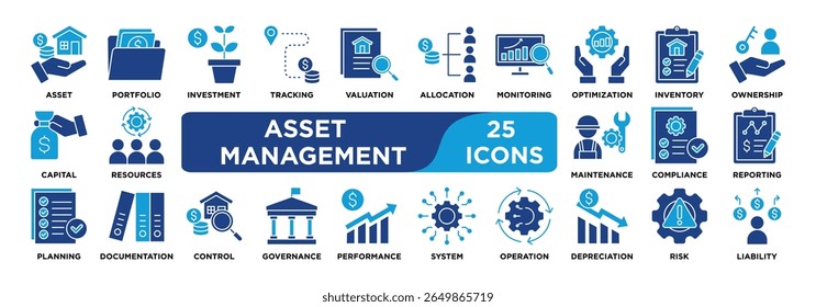 Conjunto de coleta de ícone do Gerenciamento de Ativos. Contendo ativo,portfólio,investimento,rastreamento,avaliação,alocação,monitoramento,otimização,inventário,ícone de propriedade. vetor de tom duplo.