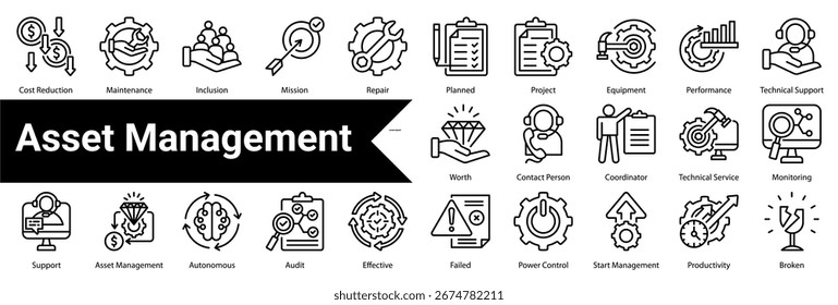 Coleta e Conjunto de Ícones de Gerenciamento de Ativos Contendo: Utilização de Ativos,Pergunta,Serviço de consultoria,Gerenciamento de qualidade,Confiabilidade,Manutenção,Causa básica,Rotina,Preditivo,Eficiência,Falha,Operador