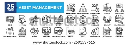 Asset Management icon collection set. Containing design Asset, Management , Crowdfunding, Expenditure, Capital, Discussing