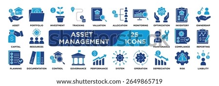 Asset Management icon collection set. Containing asset,portfolio,investment,tracking,valuation,allocation,monitoring,optimization,inventory,ownership icon. dual tone vector.